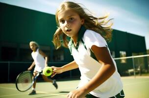 ai generado tenista Listo a golpear el pelota durante tenis partido mujer foto