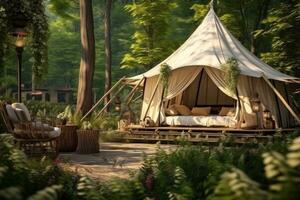 AI generated tent camping in the woods on top of a wooden deck photo