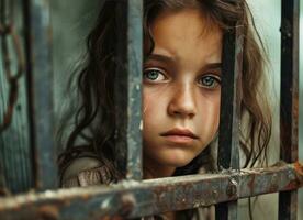AI generated young girl staring through bars with sad look documentary, colorized photo