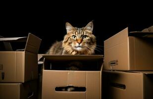 AI generated the cat walks through the boxes photo
