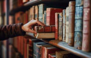 AI generated male's hand selecting a book from the shelf of books photo