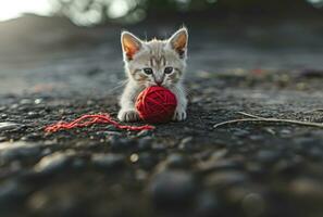 AI generated kitten playing with a red ball of wool photo