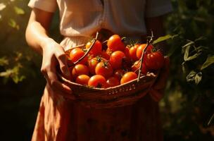 AI generated lady carrying ripe tomatoes in her hands photo