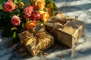 AI generated two gifts on a table with roses photo
