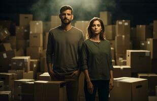 AI generated man and woman standing in front of moving boxes photo