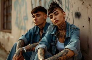 AI generated pair of young people with retouched tattoo posing next to wall in gray, photo