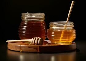 AI generated there are two jars containing raw honey and a wooden stick photo