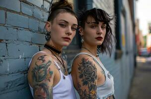 AI generated pair of young people with retouched tattoo posing next to wall in gray, photo