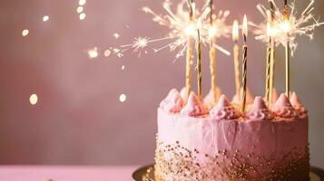 AI generated Pink Birthday Cake with Gold Candles and Sparklers Celebrate photo