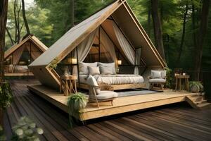 AI generated the tent sits on the wooden deck in the woods photo