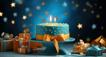 ai generado un cumpleaños pastel con azul paños metido en un mesa foto