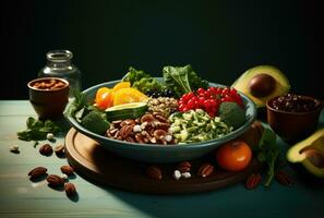 AI generated a bowl and plate with some vegetables and nuts photo