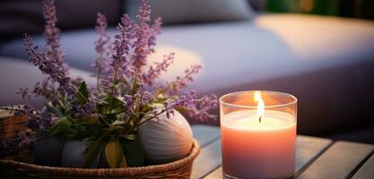 ai generado un vela con lavanda flores siguiente a un sofá foto