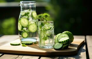 AI generated a drinking water with cucumbers on a wooden table photo