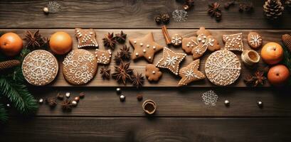 ai generado galletas en un mesa con palabra fiesta y palabras ese leer Navidad galletas, foto