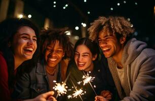 AI generated group of people hold sparklers for new year celebrations together, photo