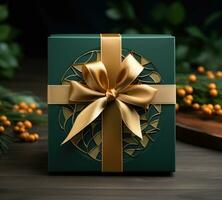 AI generated a green and gold gift box in a wooden frame photo