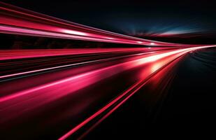 AI generated a long exposure shot of automobiles leaving a red light trail on the black highway photo
