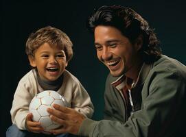 AI generated a man is holding a soccer ball with his young son photo