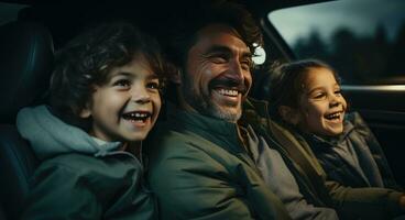 ai generado un familia sentado en el frente de un coche sonriente foto