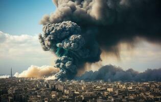 AI generated a crater of smoke is seen in front in a densely populated area photo