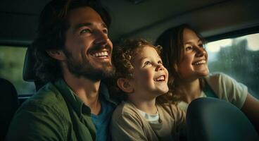 ai generado un familia sentado en el frente de un coche sonriente foto