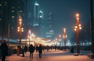 AI generated moscow city center at night in winter, photo