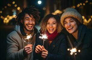 AI generated group of people hold sparklers for new year celebrations together, photo