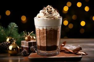 AI generated a chocolate drink made of crushed chocolate and covered with cream photo