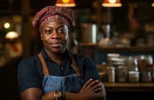 ai generado un retrato de un afroamericano cocinero con cruzado brazos dentro un restaurante foto