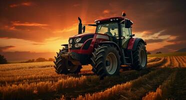 AI generated a small red tractor driving in a field at sunset photo