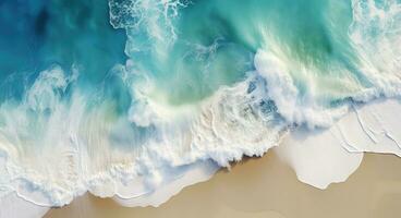 AI generated a drone shot shows the waves moving along the sand photo