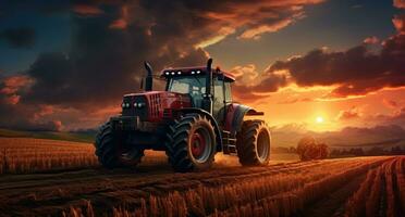 ai generado un pequeño rojo tractor conducción en un campo a puesta de sol foto