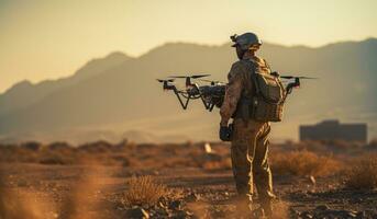 ai generado un soldado soportes fuera en el Desierto con zumbido volador, foto