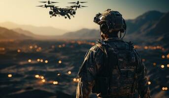 AI generated a soldier stands out in the desert with drone flying, photo