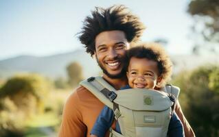 AI generated a man carries his son up on his shoulders while looking away photo