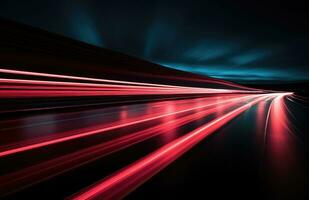 AI generated a long exposure shot of automobiles leaving a red light trail on the black highway photo