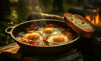 AI generated a pan with eggs, bread and bacon on top of the fireplace. photo