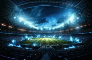 AI generated a large stadium at night with spotlights shining down photo