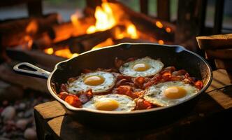 AI generated a pan with eggs, bread and bacon on top of the fireplace. photo