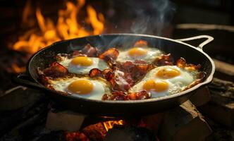 AI generated a pan with eggs, bread and bacon on top of the fireplace. photo