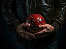 ai generado un hombre y hijo acurrucado juntos participación un fútbol pelota foto