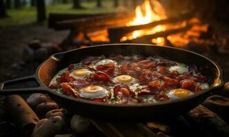 ai generado un pan con huevos, un pan y tocino en parte superior de el chimenea. foto