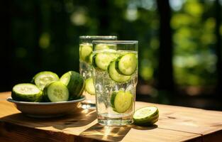 AI generated a drinking water with cucumbers on a wooden table photo