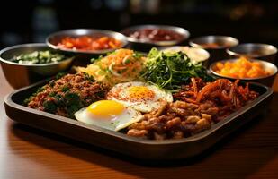 AI generated a collection of korean dishes on a tray photo