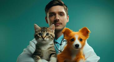 AI generated a veterinarian holds a kitten and cat with a stethoscope photo