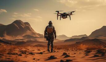 AI generated a soldier stands out in the desert with drone flying, photo