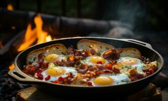 AI generated a pan with eggs, bread and bacon on top of the fireplace. photo