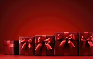 AI generated a present box with red ribbon and bow on red background photo