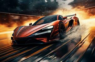 AI generated a race car that goes fast over a track with rain flowing across it photo
